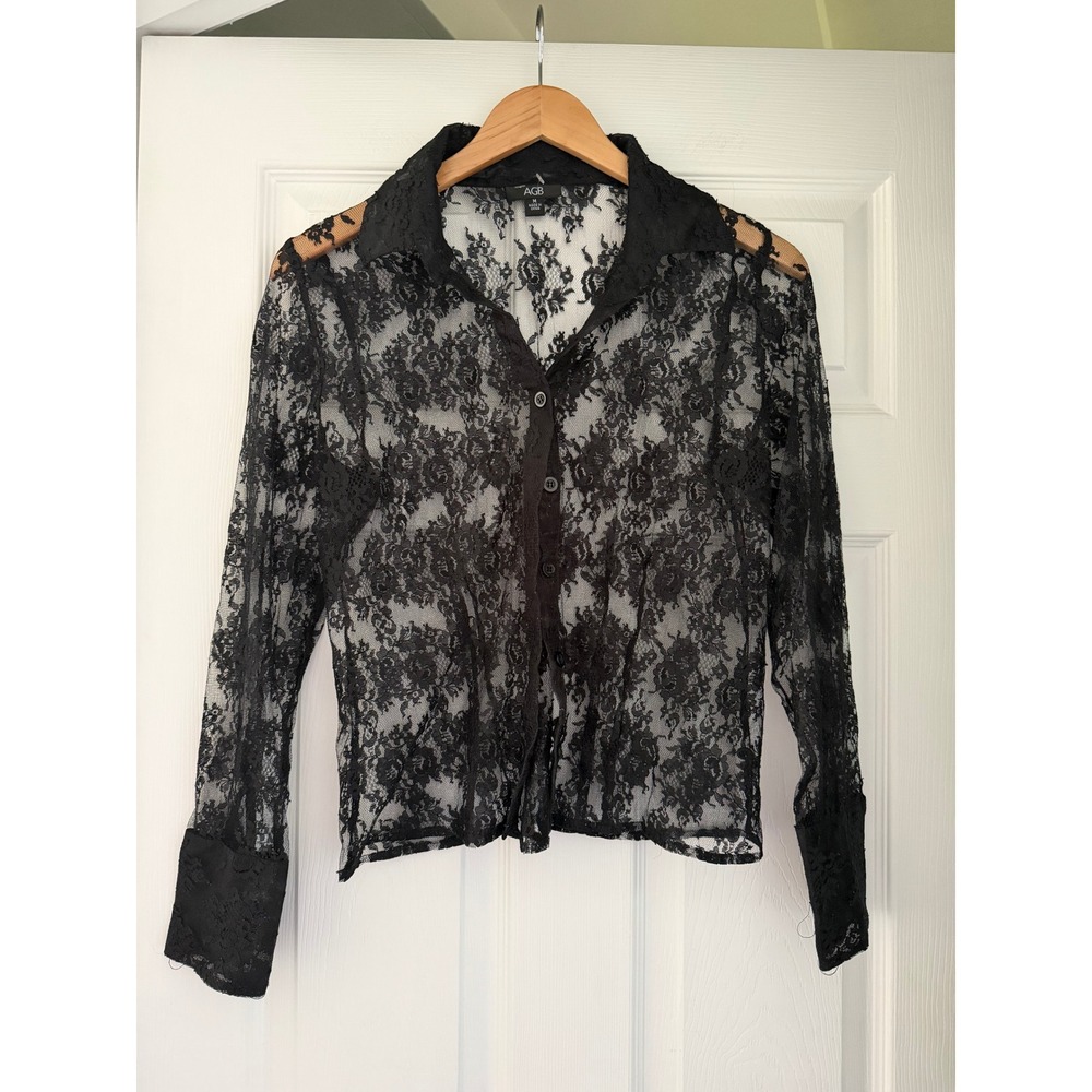 Vintage‎ AGB Womens Sheer Black Long Sleeve Blouse Whimsygoth Romantic Lace